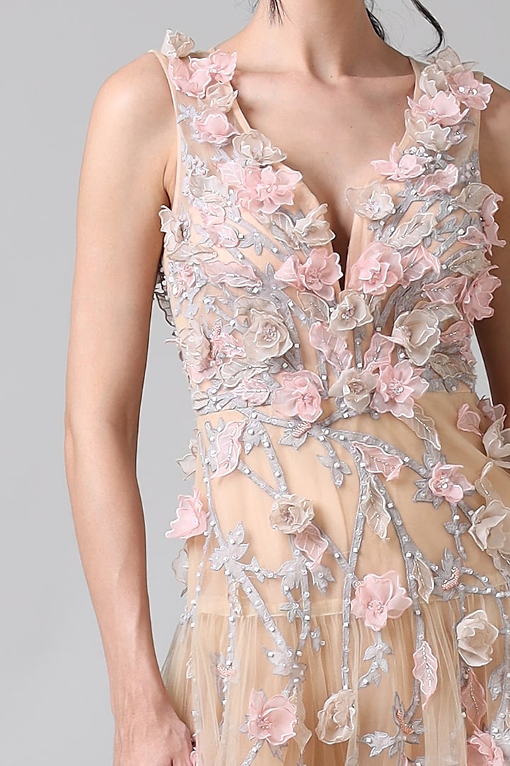 Pernia's Pop Up Shop - Geisha Designs Women Beige Tulle Floral Motif & Bead Work Layered Gown