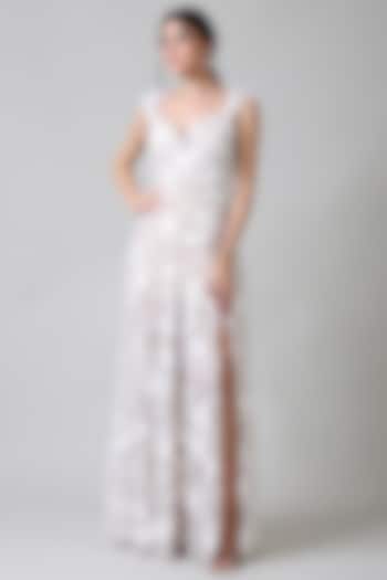 White Nylon & Rayon Sequins Work Gown by Geisha Designs