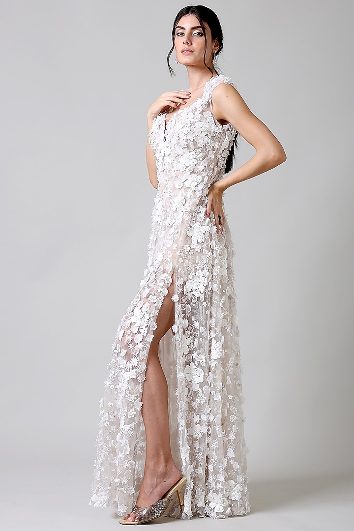 White Nylon & Rayon Sequins Work Wedding Gown by Geisha Designs at Pernia's Pop Up Shop