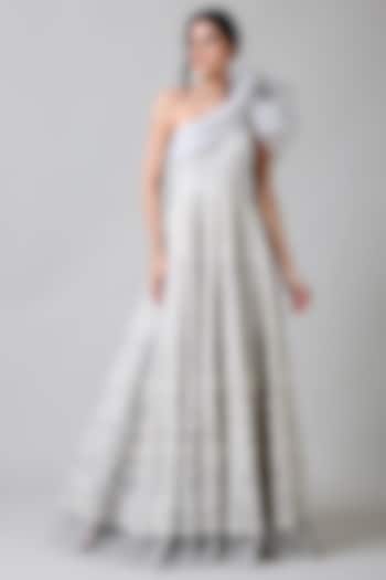 Off-White Nylon & Viscose Floral Embroidered One-Shoulder Gown by Geisha Designs