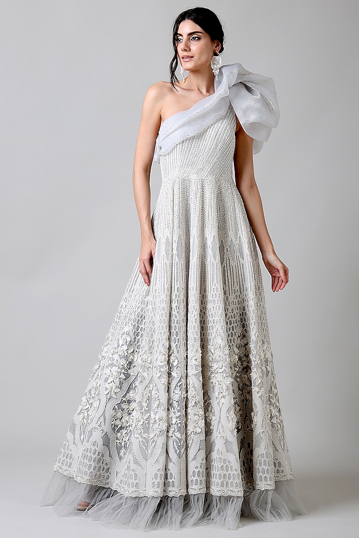 Off-White Nylon & Viscose Floral Embroidered One-Shoulder Gown by Geisha Designs