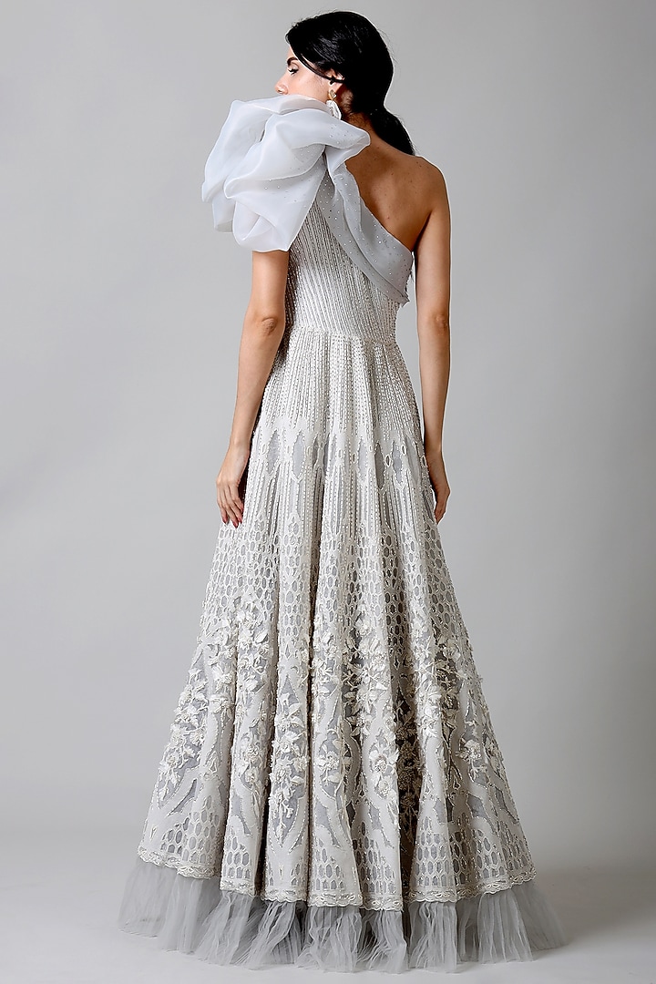 Off-White Nylon & Viscose Floral Embroidered One-Shoulder Bridal Gown by Geisha Designs at Pernia's Pop Up Shop