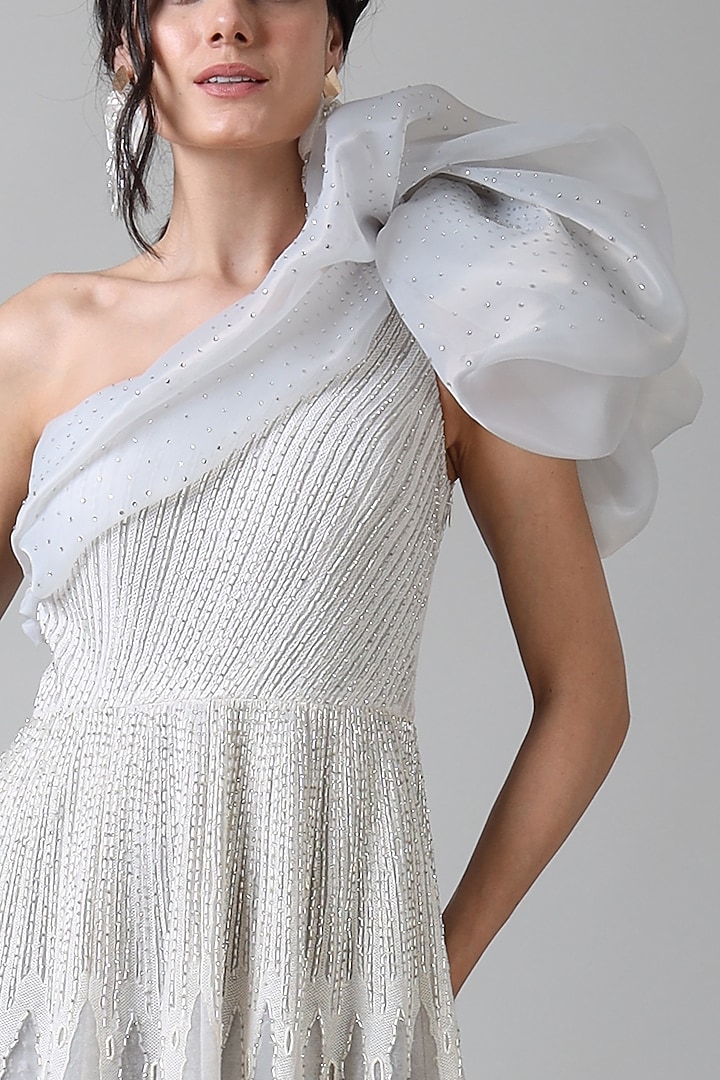 Off-White Nylon & Viscose Floral Embroidered One-Shoulder Bridal Gown by Geisha Designs at Pernia's Pop Up Shop