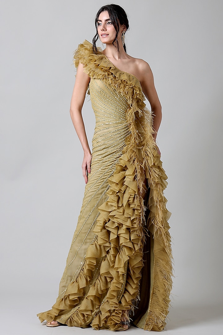 Olive Viscose & Silk Mirror Work Ruffled Gown by Geisha Designs