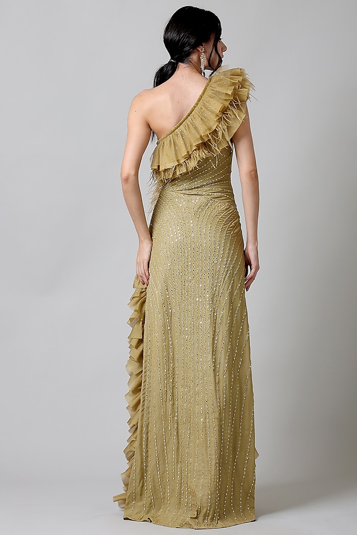 Olive Viscose & Silk Mirror Work Ruffled Wedding Gown by Geisha Designs at Pernia's Pop Up Shop