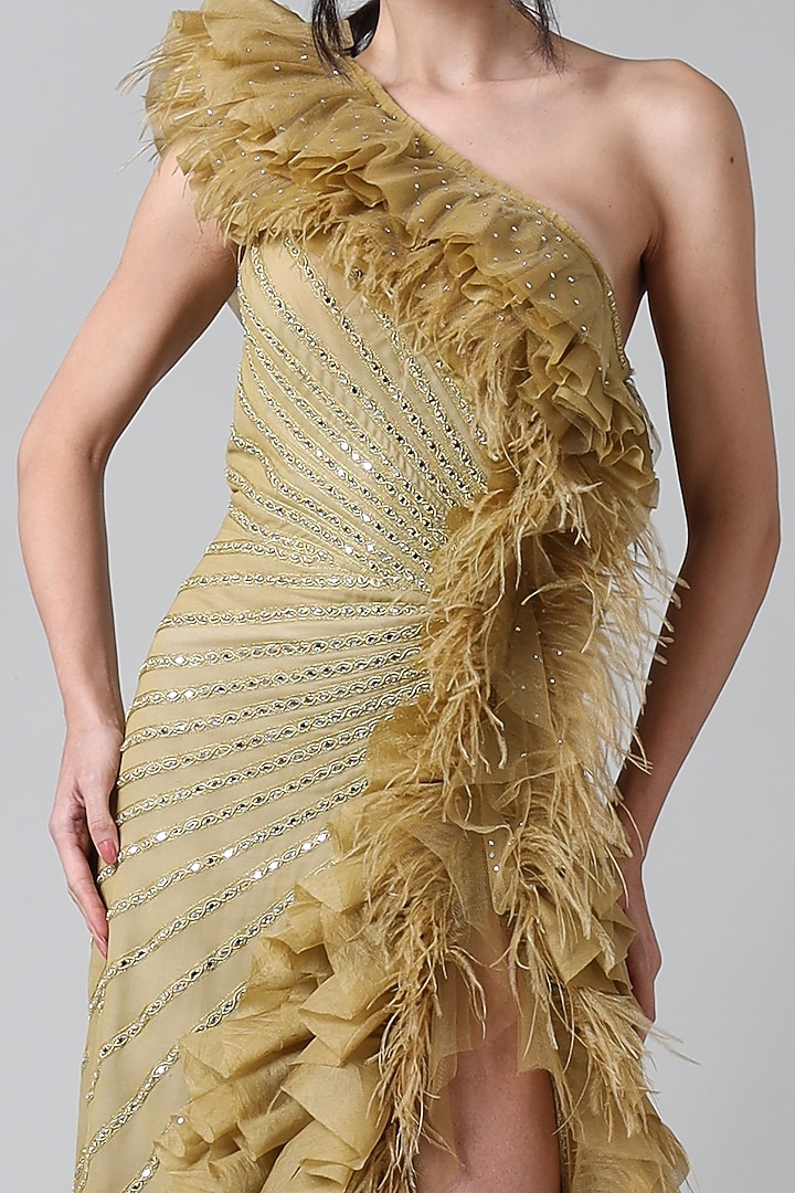 Olive Viscose & Silk Mirror Work Ruffled Wedding Gown by Geisha Designs at Pernia's Pop Up Shop