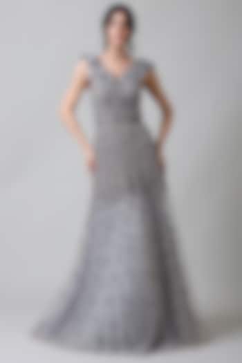 Silver Nylon & Tulle Bead Embroidered Gown by Geisha Designs