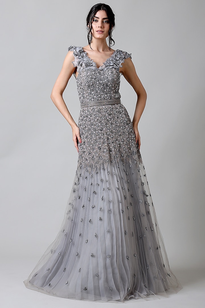 Silver Nylon & Tulle Bead Embroidered Gown by Geisha Designs