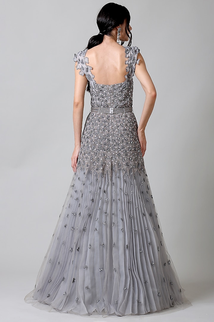 Silver Nylon & Tulle Bead Embroidered Wedding Gown by Geisha Designs at Pernia's Pop Up Shop