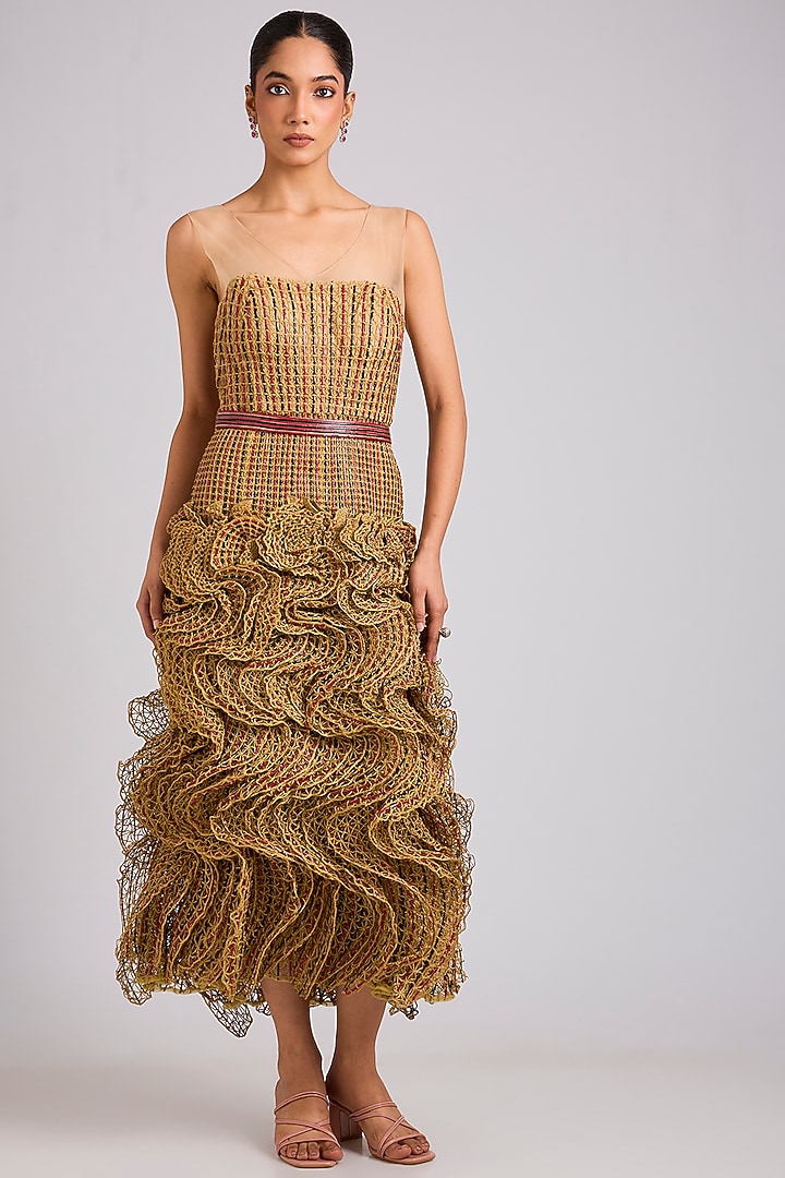 Beige Nylon & Rexine Party Wear Dress by Geisha Designs at Pernia's Pop Up Shop