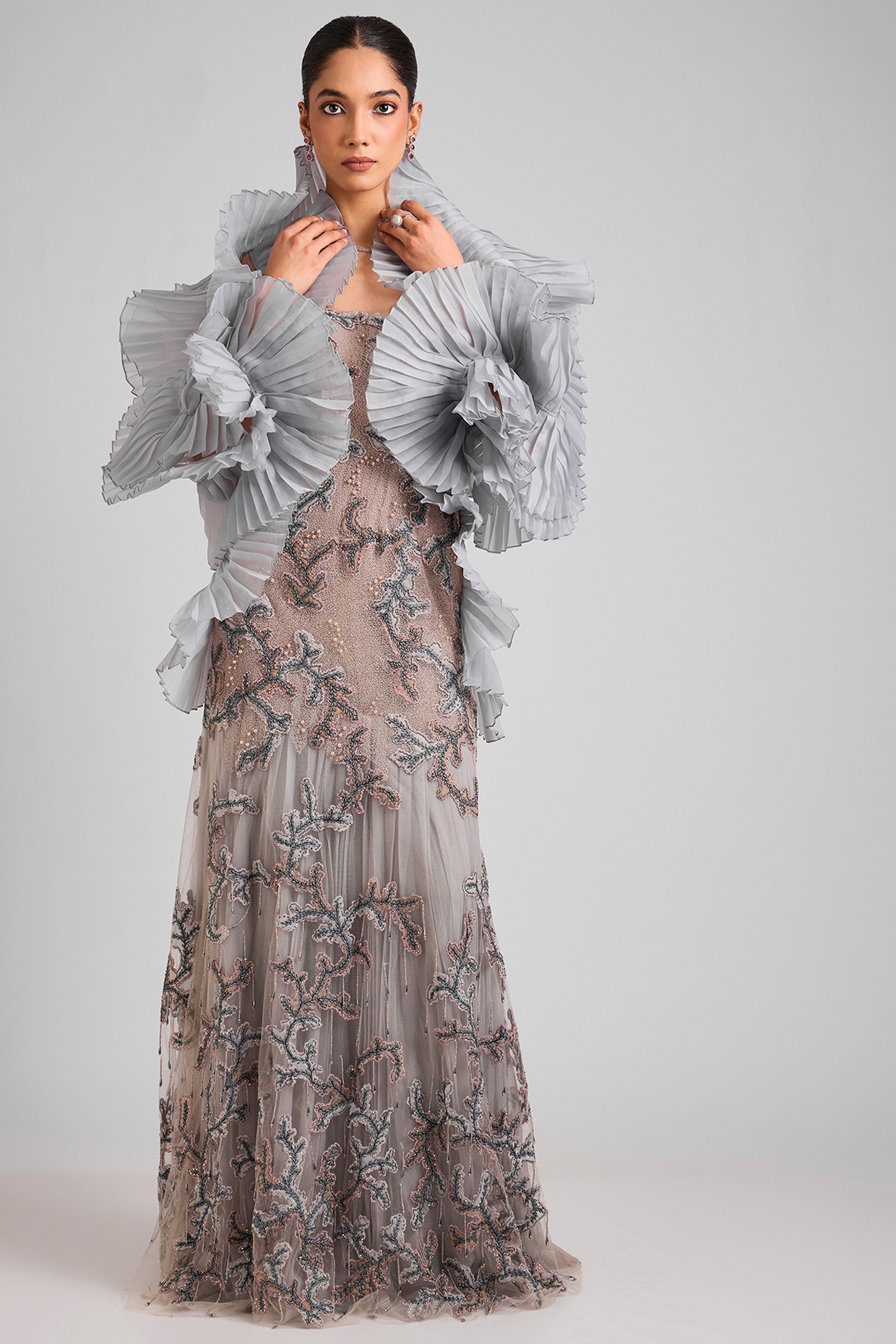 Geisha Designs Blue Nylon & Viscose Gown With Cape