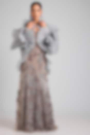 Blue Nylon & Viscose Wedding Gown With Cape by Geisha Designs at Pernia's Pop Up Shop