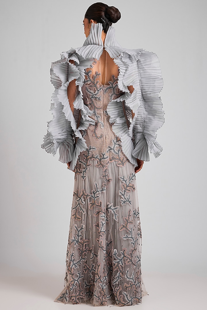 Blue Nylon & Viscose Wedding Gown With Cape by Geisha Designs at Pernia's Pop Up Shop