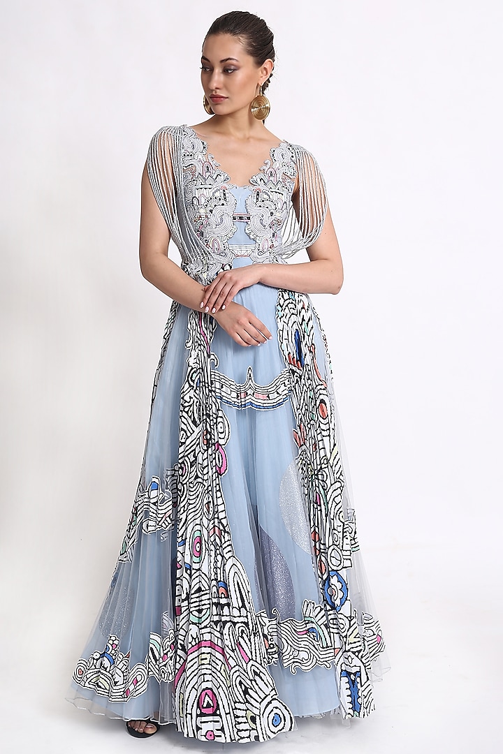 Blue Beads Embroidered Gown by Geisha Designs