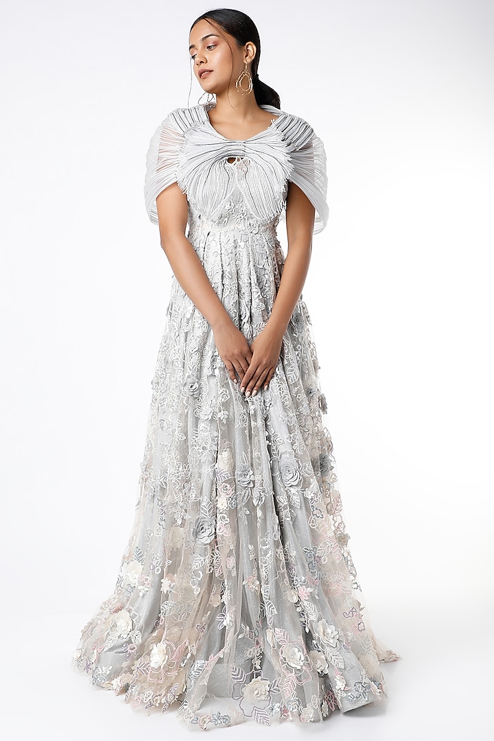 Silver Embroidered Gown With Arm Wrap by Geisha Designs