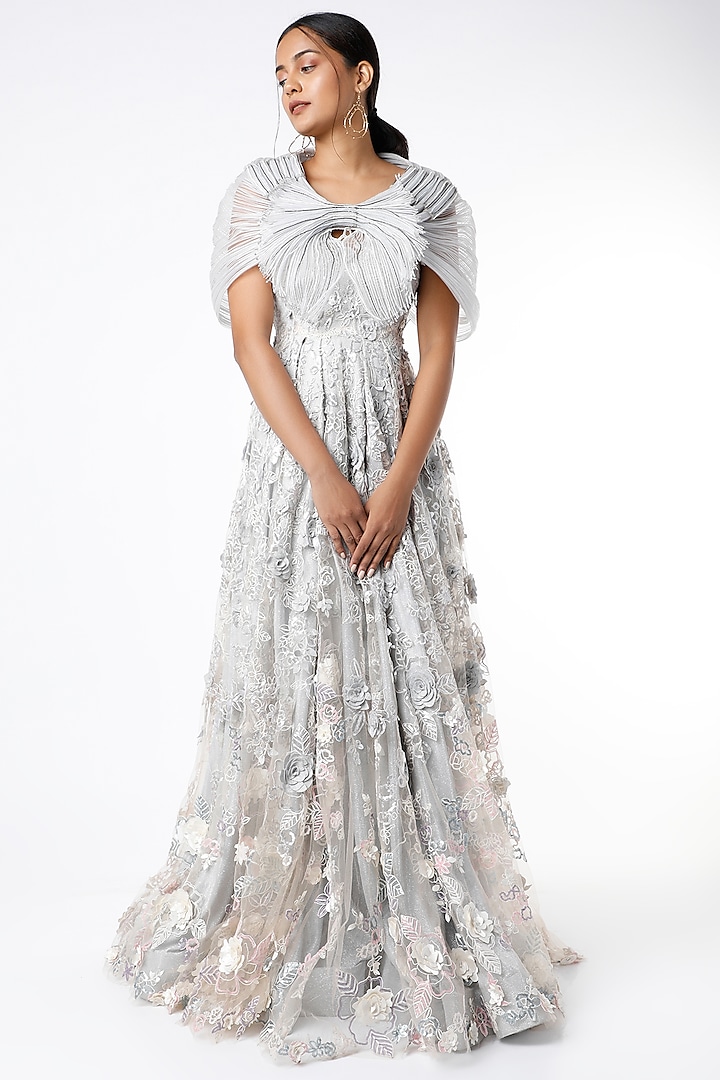 Silver Embroidered Gown With Arm Wrap by Geisha Designs at Pernia's Pop Up  Shop