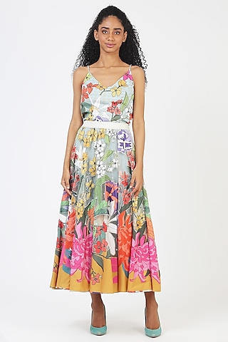 Green Poly Crepe Printed Top by Geisha Designs