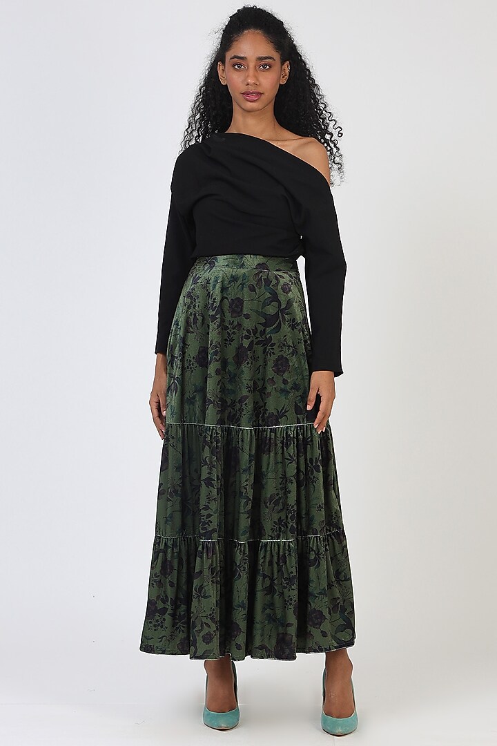 Green Velvet & Polyester Skirt by Geisha Designs at Pernia's Pop Up Shop