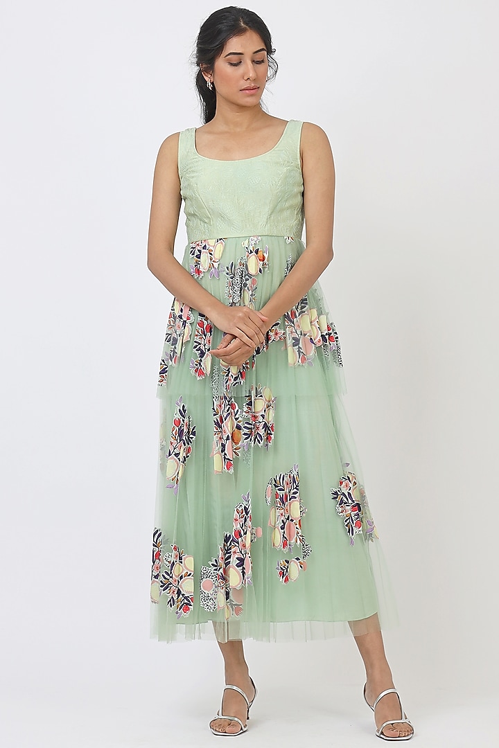 Pistachio Green Chanderi Maxi Dress by Geisha Designs