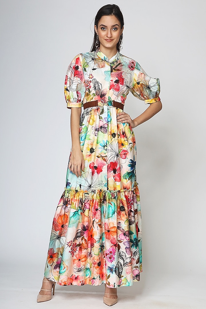 Green Floral Tiered Maxi Dress by Geisha Designs