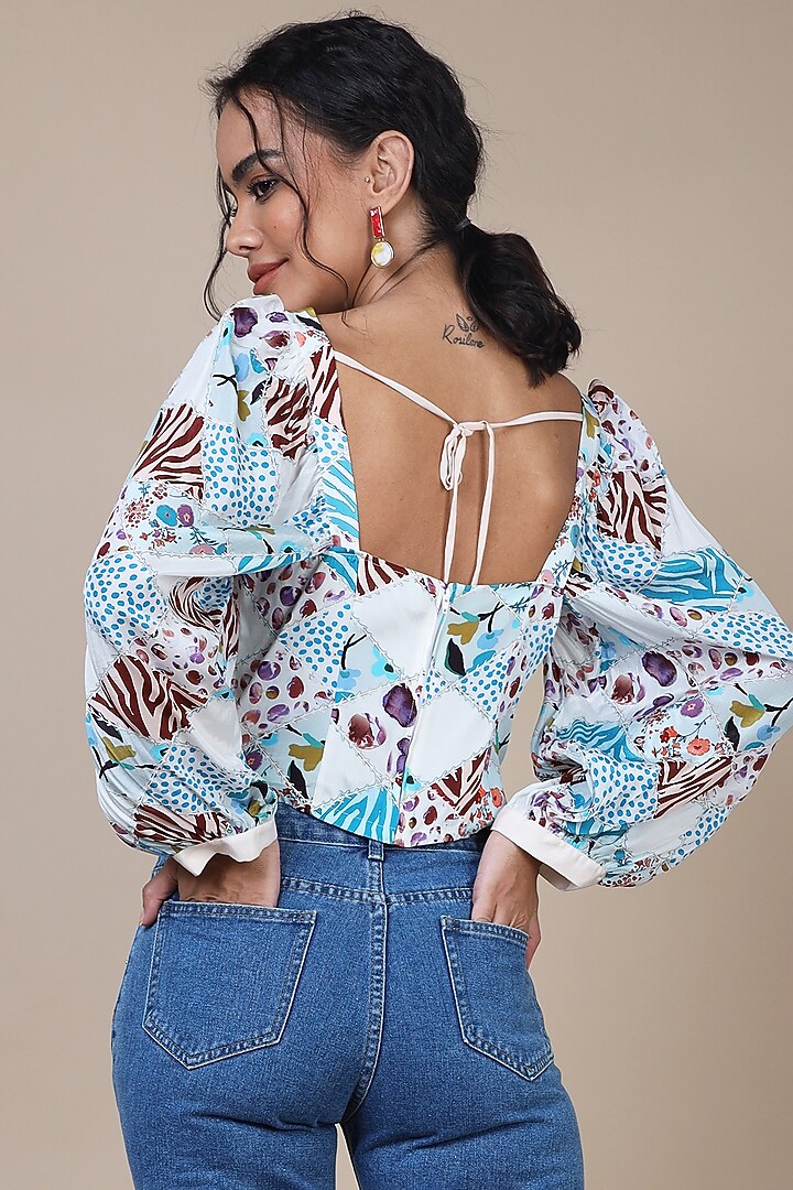 Blue Patchwork Printed Blouse by Geisha Designs at Pernia's Pop Up Shop