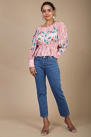 Pink Viscose Peplum Blouse by Geisha Designs