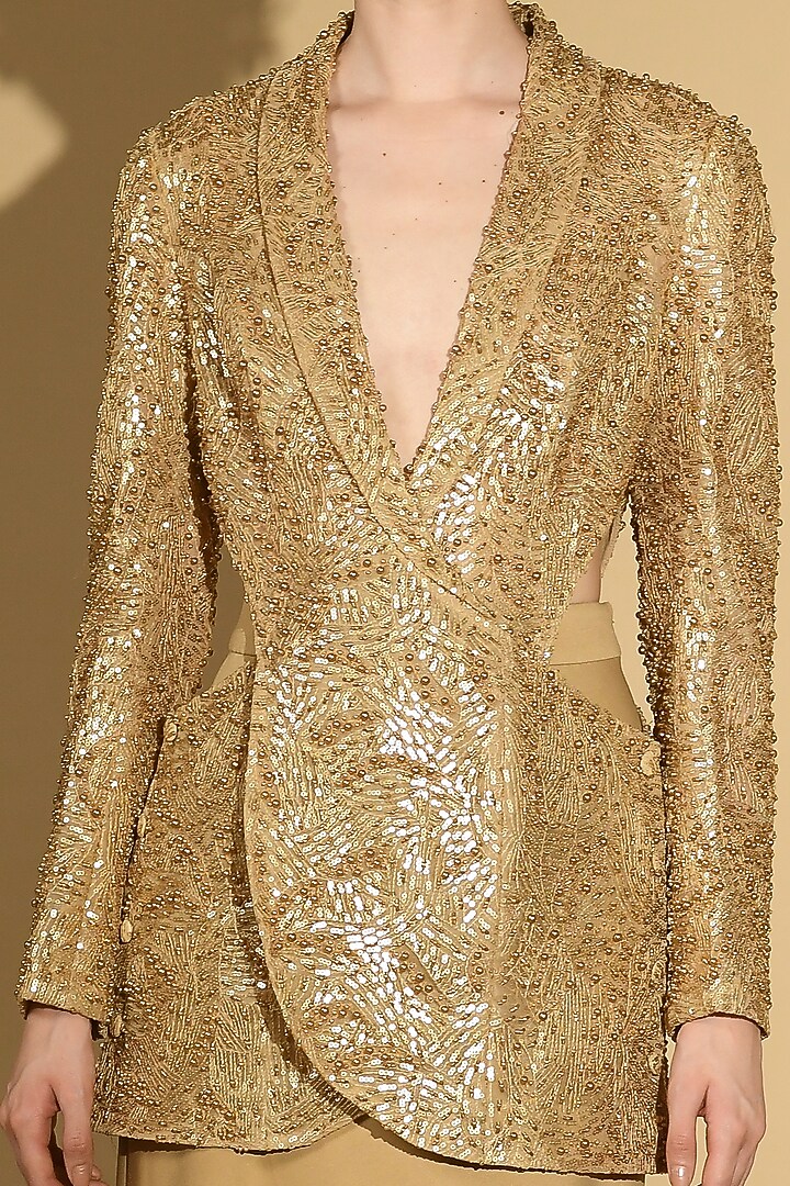 Gold Nylon & Polyester Embroidered Jacket Set by Geisha Designs at Pernia's Pop Up Shop