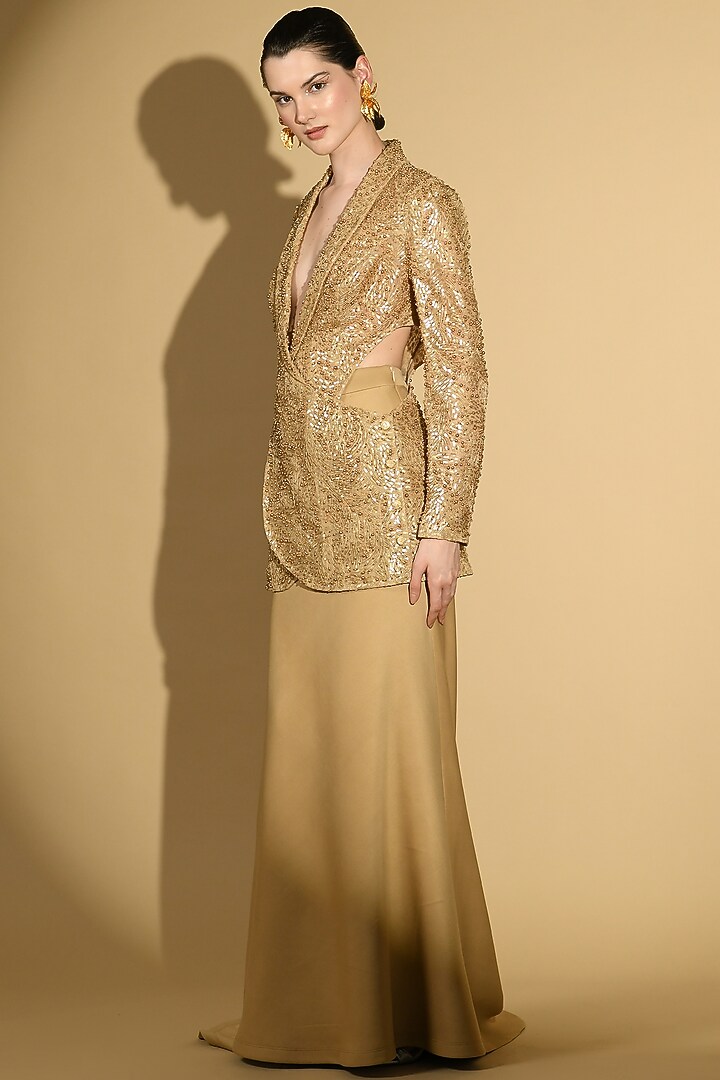 Gold Nylon & Polyester Embroidered Jacket Set by Geisha Designs at Pernia's Pop Up Shop