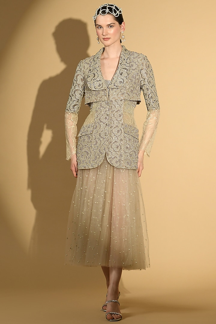 Grey Nylon & Polyester Embroidered Jacket Party Wear Dress by Geisha Designs at Pernia's Pop Up Shop
