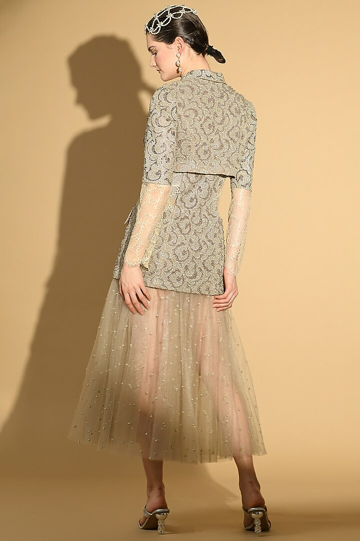 Grey Nylon & Polyester Embroidered Jacket Party Wear Dress by Geisha Designs at Pernia's Pop Up Shop