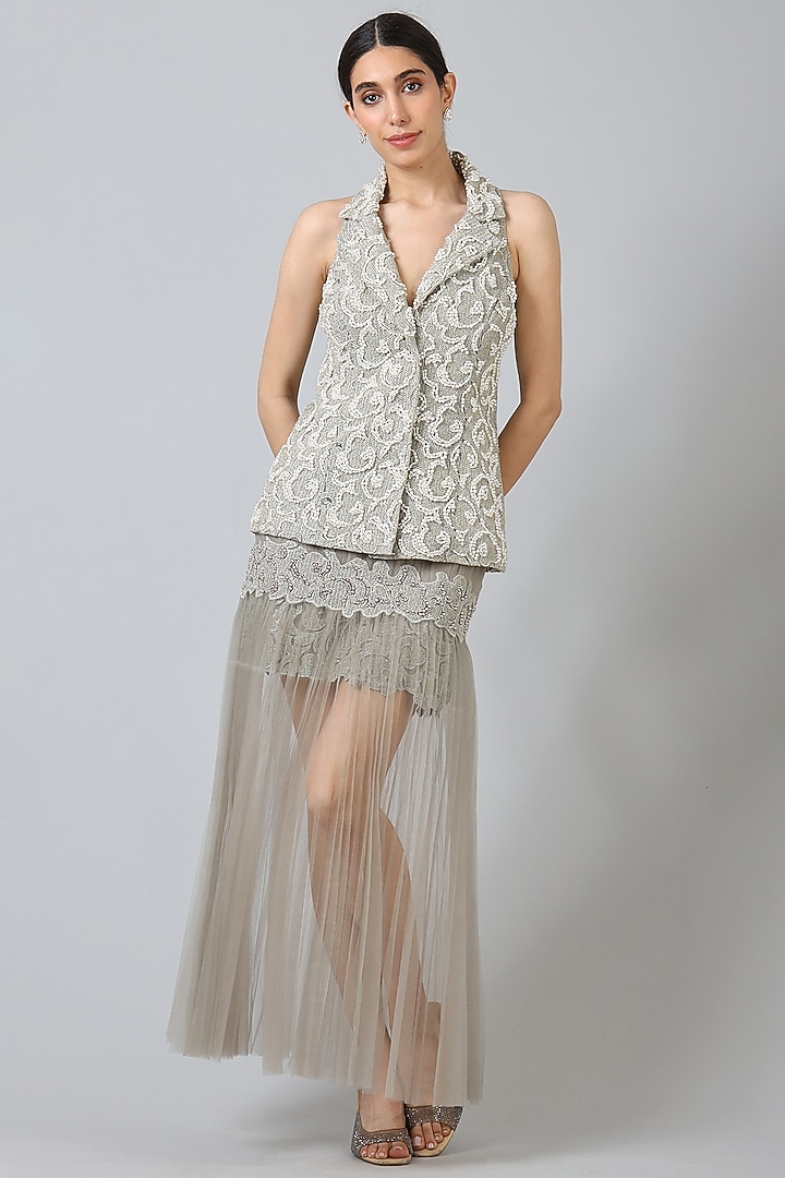 Grey Nylon & Rayon Embroidered Skirt Set by Geisha Designs at Pernia's Pop Up Shop