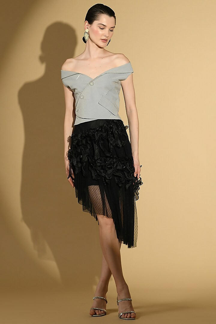 Black Viscose & Nylon Ruffled Skirt Set by Geisha Designs