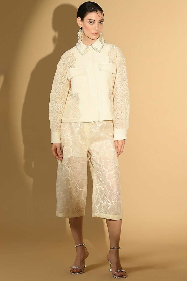 White Nylon & Polyester Embroidered Shacket Set by Geisha Designs