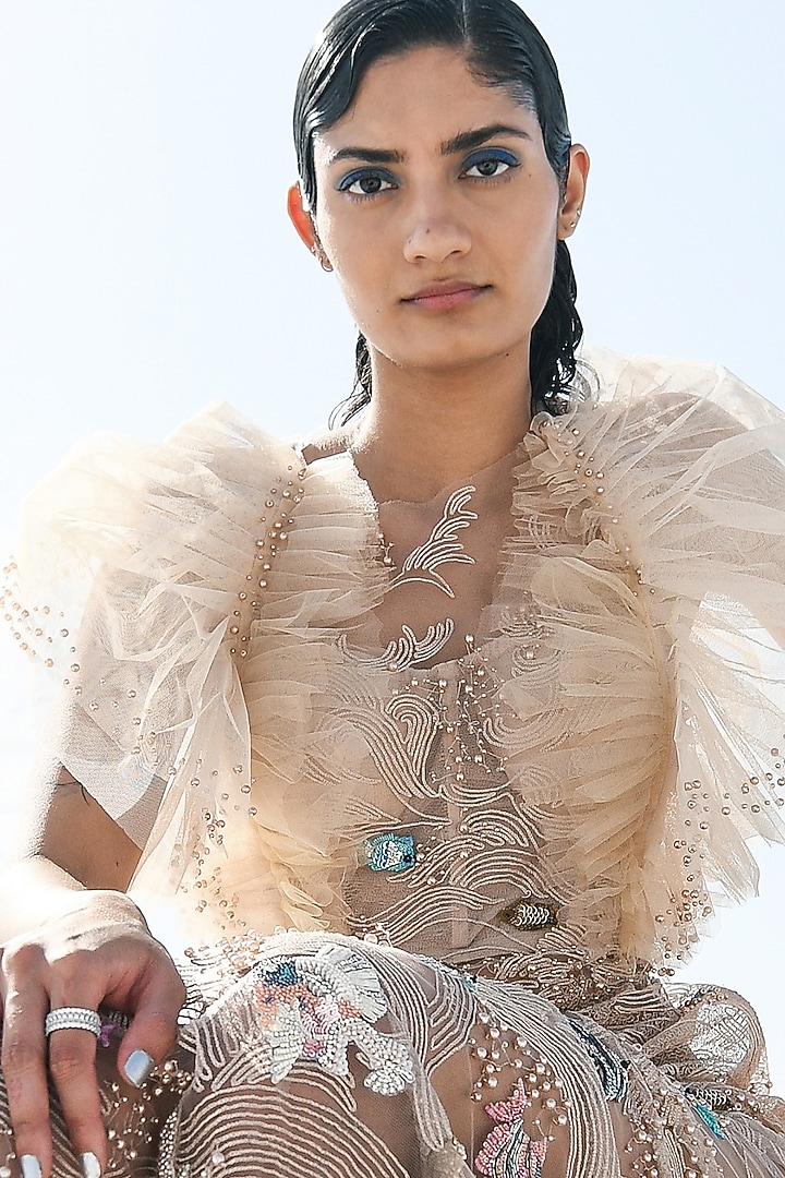 Ivory Nylon Embroidered Sheer Wedding Gown by Geisha Designs at Pernia's Pop Up Shop