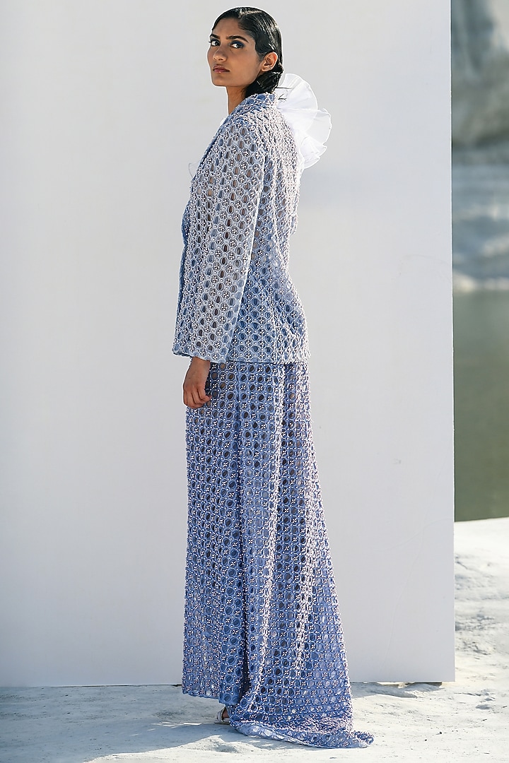 Blue Poly Organza Pearl Embroidered Co-Ord Set by Geisha Designs at Pernia's Pop Up Shop