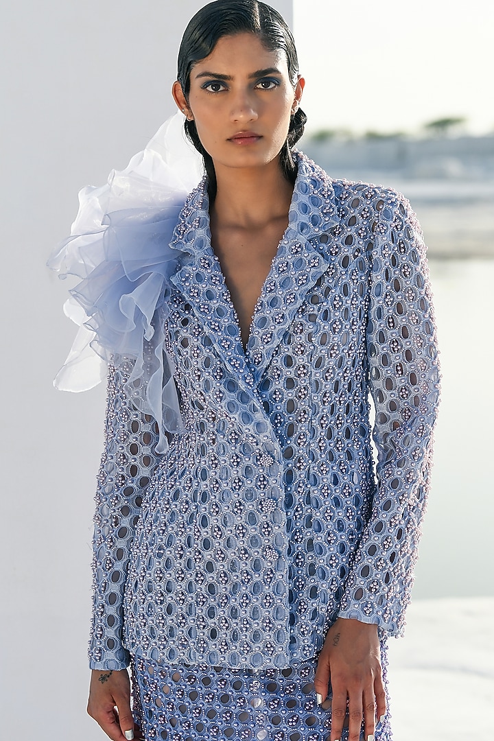 Blue Poly Organza Pearl Embroidered Co-Ord Set by Geisha Designs at Pernia's Pop Up Shop