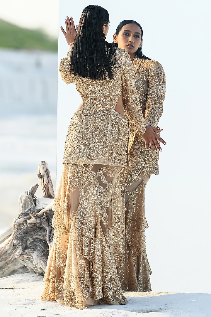 Gold Nylon & Polyester Embroidered Co-Ord Set by Geisha Designs at Pernia's Pop Up Shop