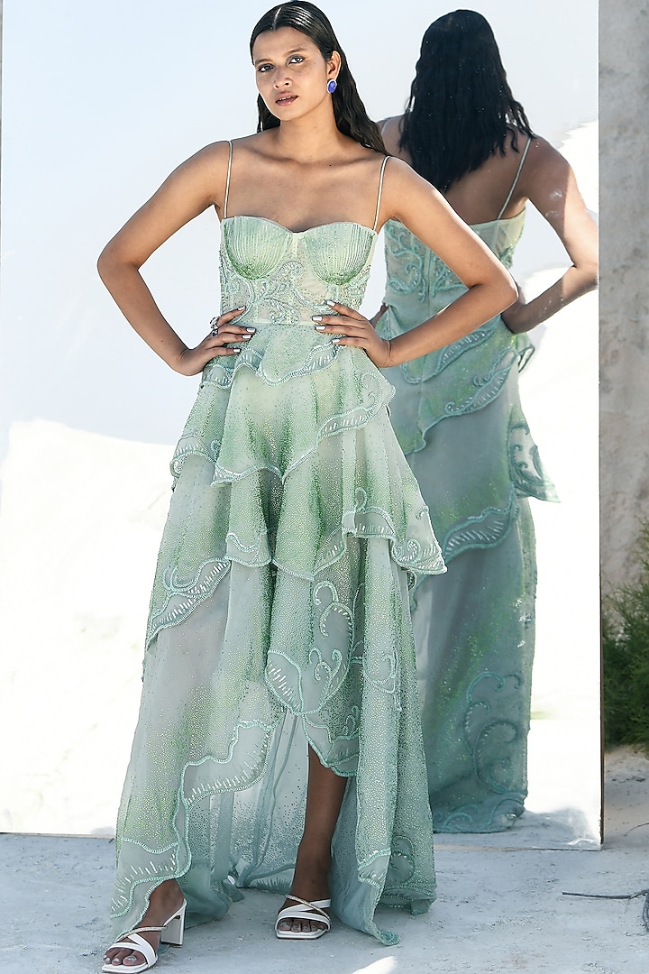 Green Nylon & Rayon Embroidered Gown by Geisha Designs at Pernia's Pop Up Shop