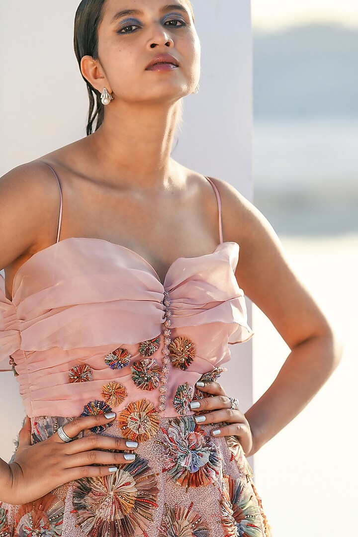 Pink Nylon & Viscose Embroidered A-Line Wedding Gown by Geisha Designs at Pernia's Pop Up Shop
