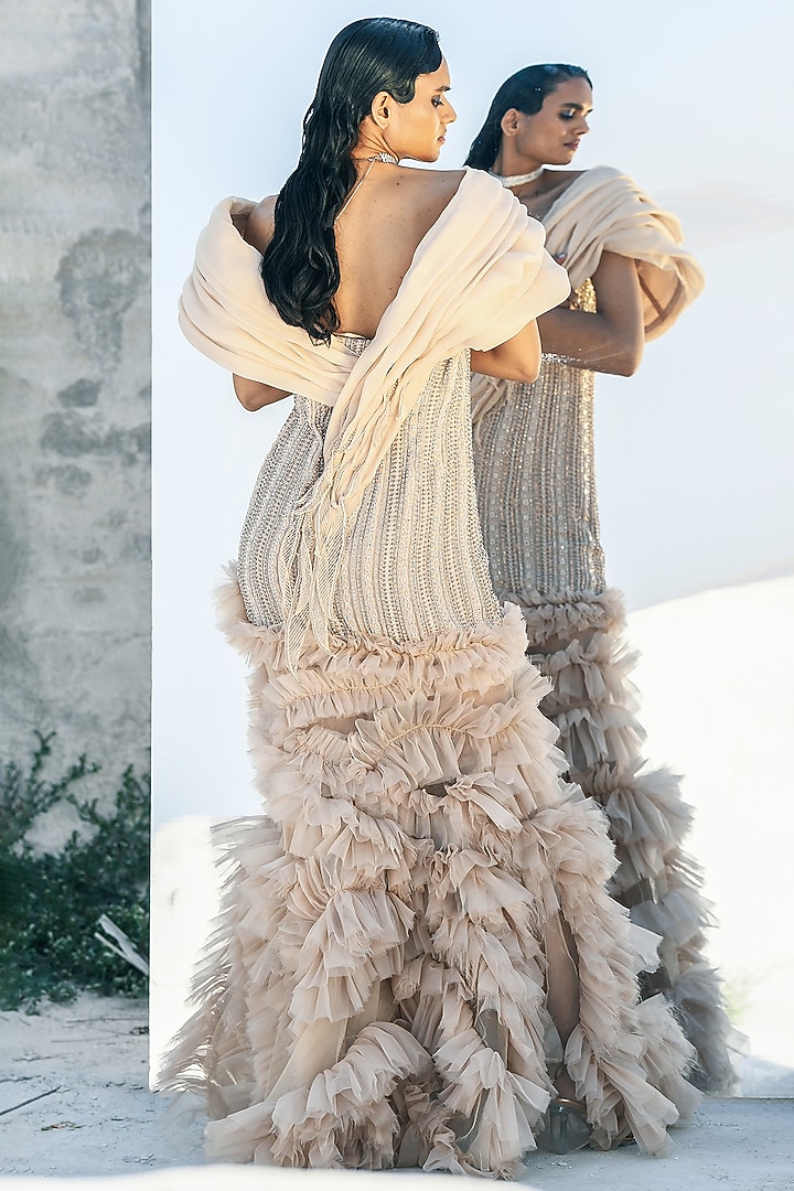 Ivory Nylon & Viscose Beaded Wedding Gown by Geisha Designs at Pernia's Pop Up Shop