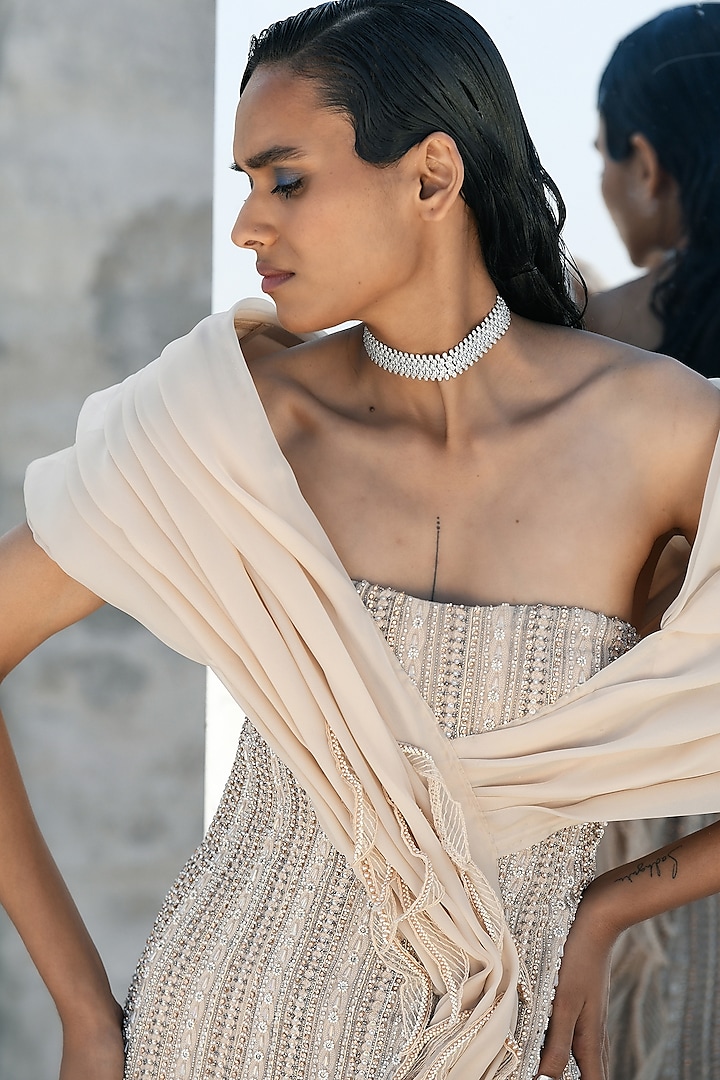 Ivory Nylon & Viscose Beaded Wedding Gown by Geisha Designs at Pernia's Pop Up Shop