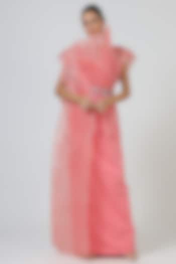Pink Structured Polyester Gown by Geisha Designs