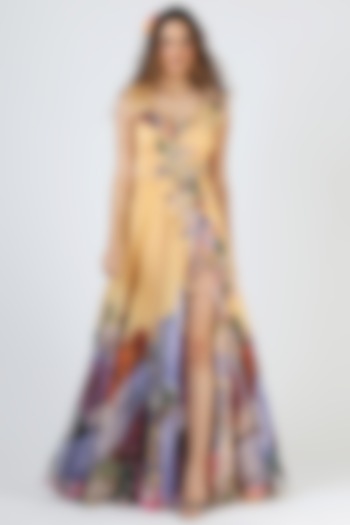 Yellow Floral Printed Gown by Geisha Designs