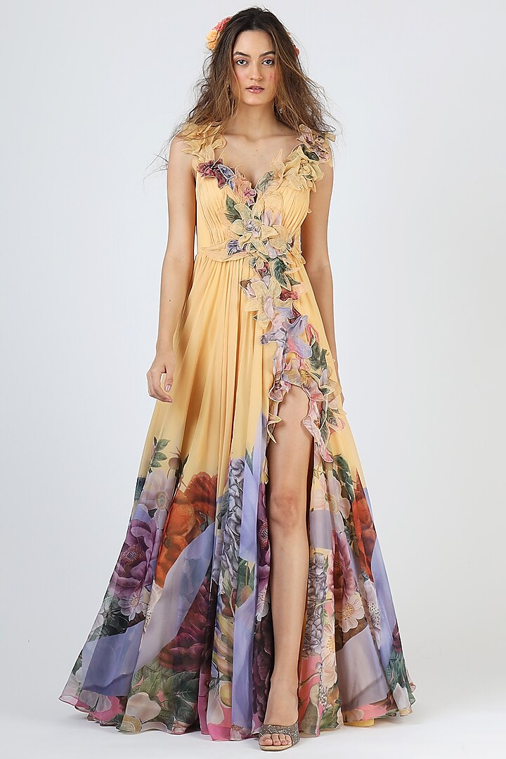 Yellow Floral Printed Gown by Geisha Designs