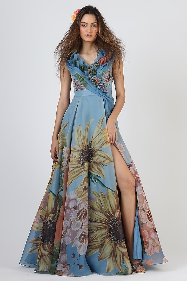 Cobalt Blue Floral Printed Gown by Geisha Designs