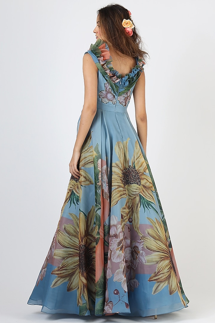 Cobalt Blue Floral Printed Gown by Geisha Designs at Pernia's Pop Up Shop