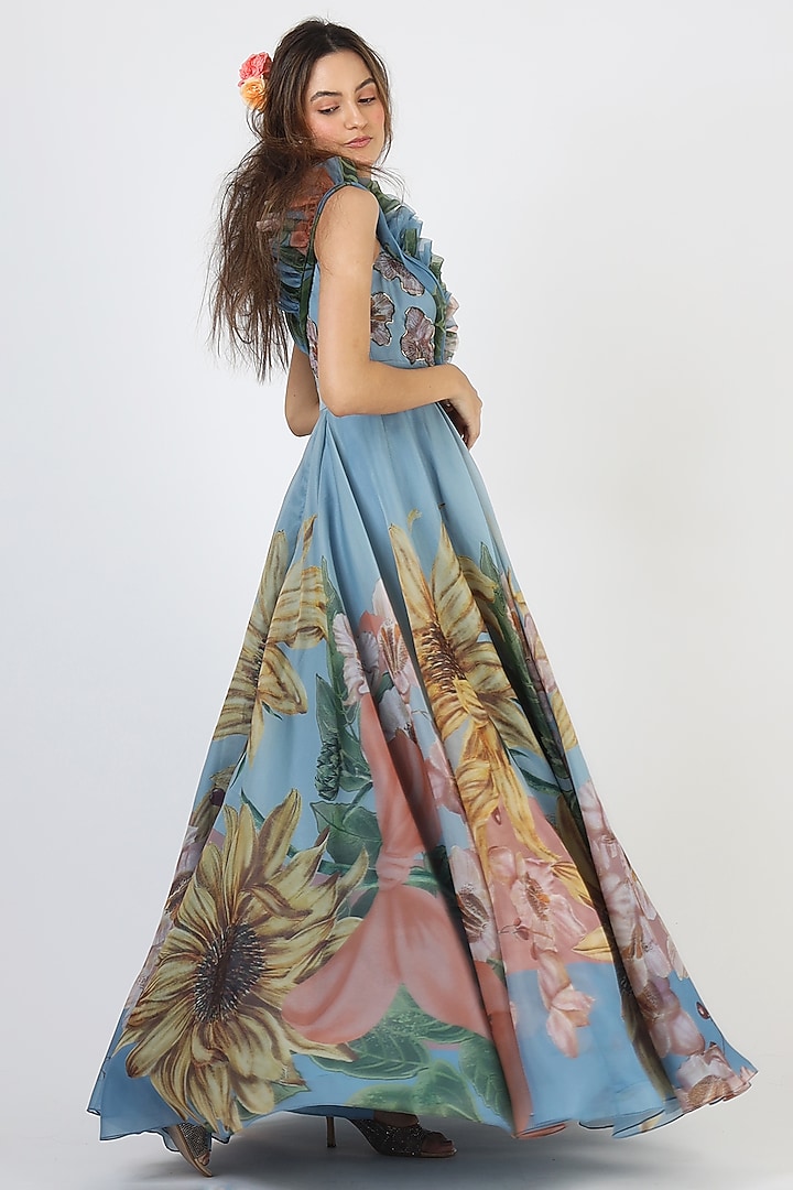 Cobalt Blue Floral Printed Gown by Geisha Designs at Pernia's Pop Up Shop