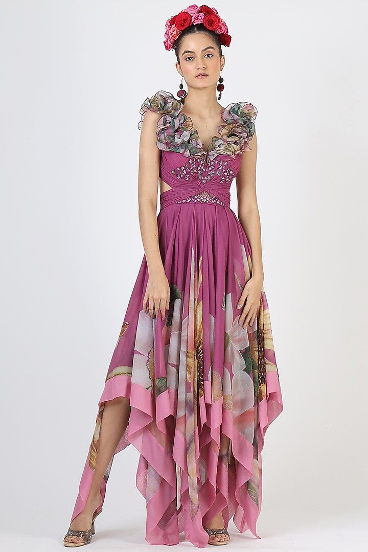Purple Floral Printed Gown by Geisha Designs