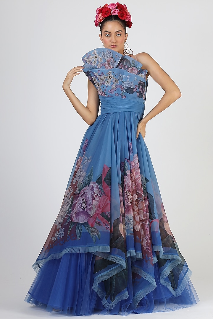 Cobalt Blue Asymmetrical Floral Printed Gown by Geisha Designs