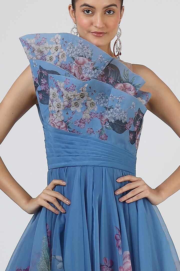 Cobalt Blue Asymmetrical Floral Printed Gown by Geisha Designs at Pernia's Pop Up Shop